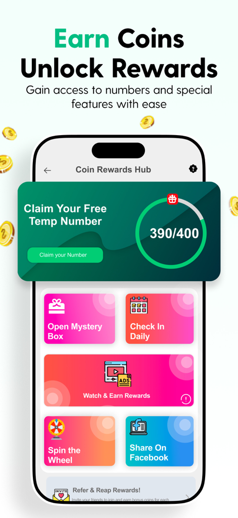 Temp Number - 2nd Phone Number - A mobile interface for the Temp Number app showing a rewards hub where users can earn coins for free phone numbers through tasks like daily check-ins and mystery boxes.