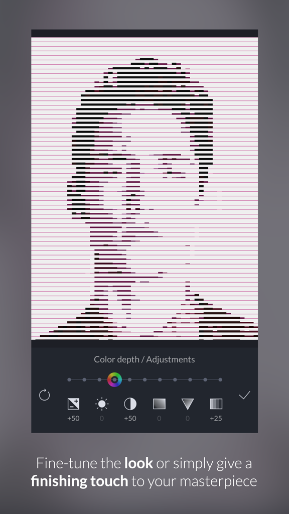 GeometriCam - abstract geometric design in real-time - Un retrato renderizado en un patrón de líneas geométricas con herramientas de ajuste de fotos en la aplicación GeometriCam.