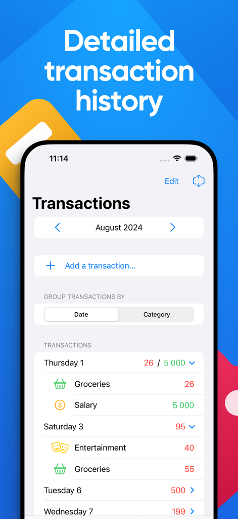 Vertly - Daily expense tracker - Lista detalhada do histórico de transações no aplicativo rastreador de despesas Vertly mostrando gastos e receitas categorizados