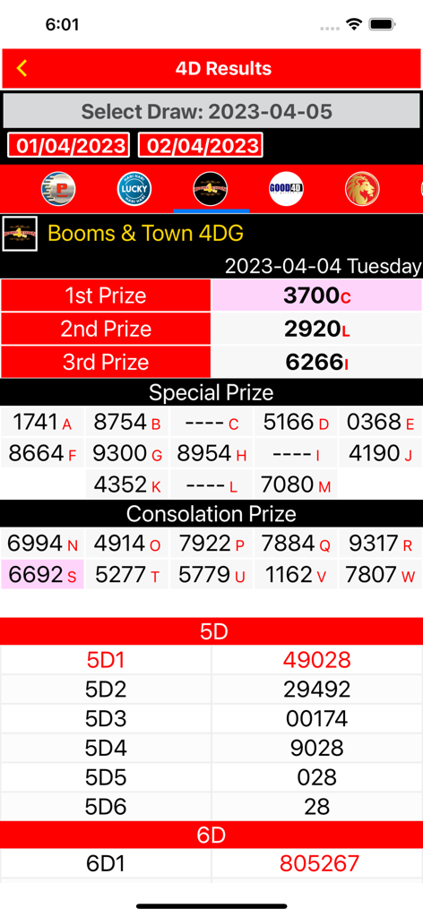 Lotto 4D Results Live 4D Toto - 다양한 등수의 당첨 번호를 보여주는 Booms와 Town의 라이브 4D 복권 결과