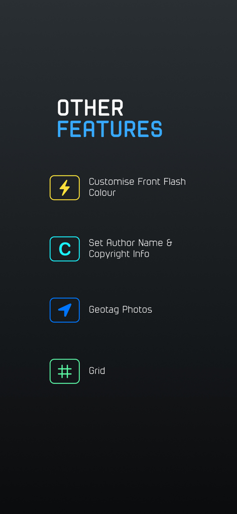ProCam - Capture ProRAW photos - ProCam app screen displaying additional photography features including custom flash color, copyright settings, geotagging, and composition grid
