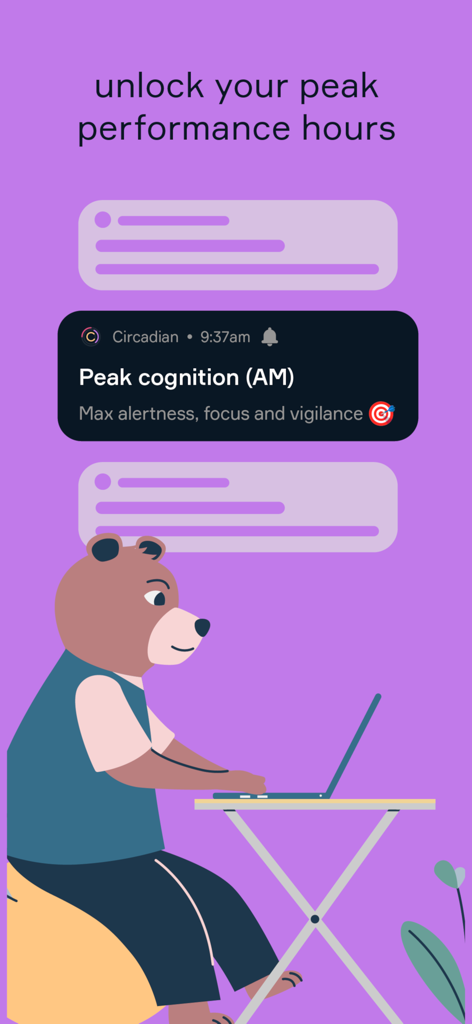 Circadian: Your Natural Rhythm - Circadian app notification indicating peak cognition and focus hours for productivity.