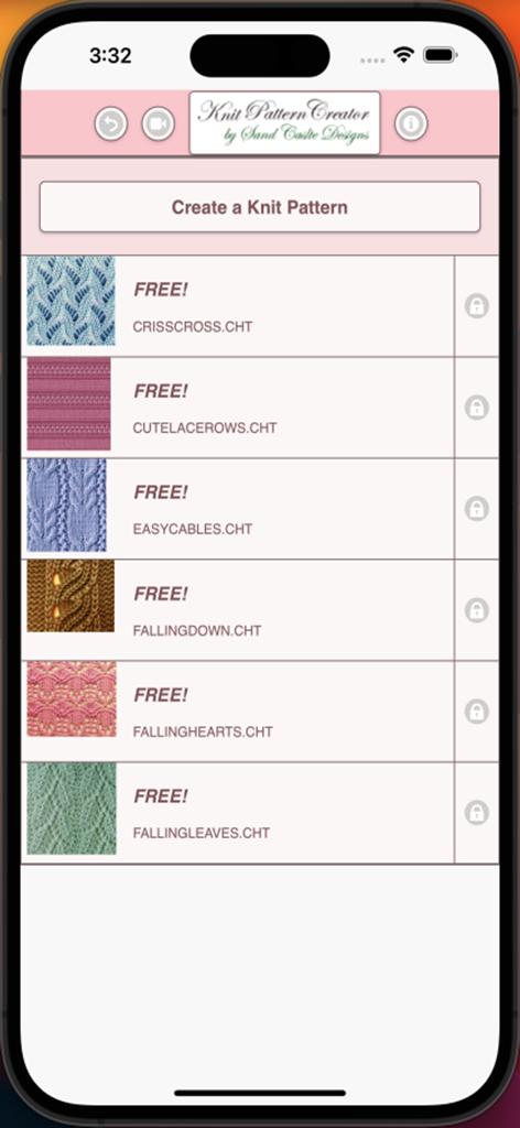 KnitPatternCreator - Main menu of KnitPatternCreator app showing a list of free knitting pattern charts and designs.