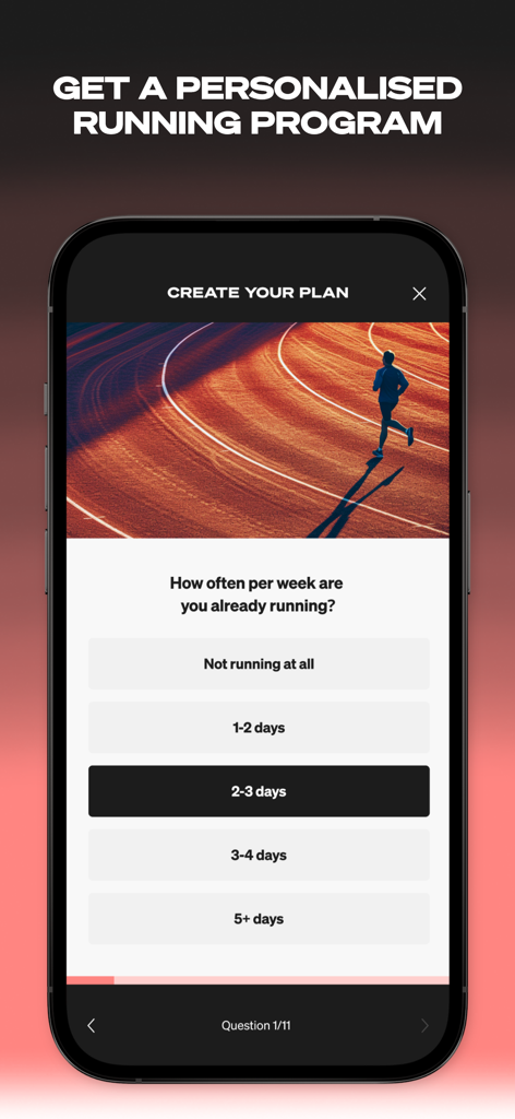 A mobile screen showing the INTVL app onboarding process for a personalized running plan asking about weekly running frequency