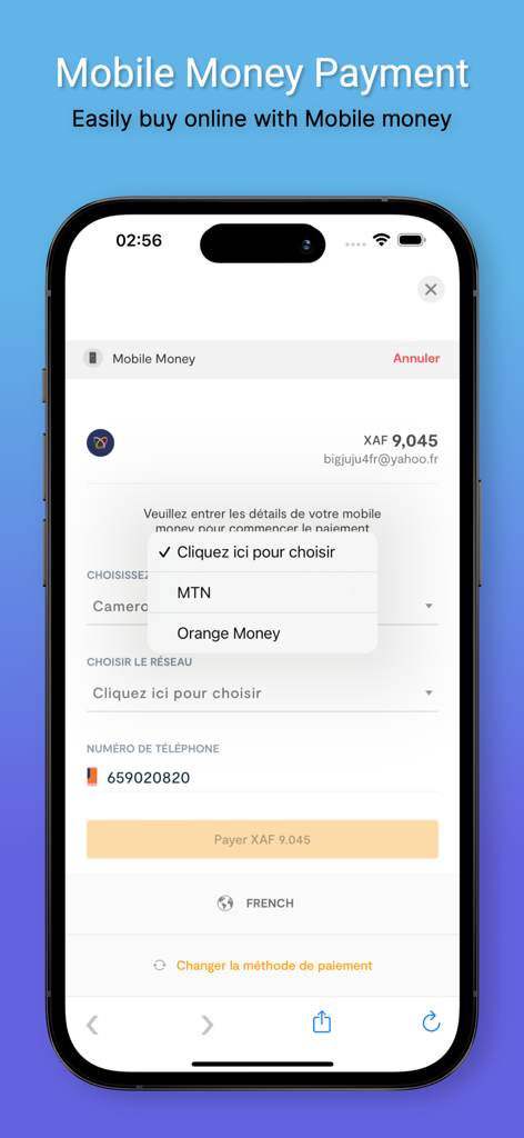 Afrosmartshop Cameroon - Afrosmartshop mobile app interface showing a mobile money payment checkout screen with options for MTN and Orange Money in Cameroon.