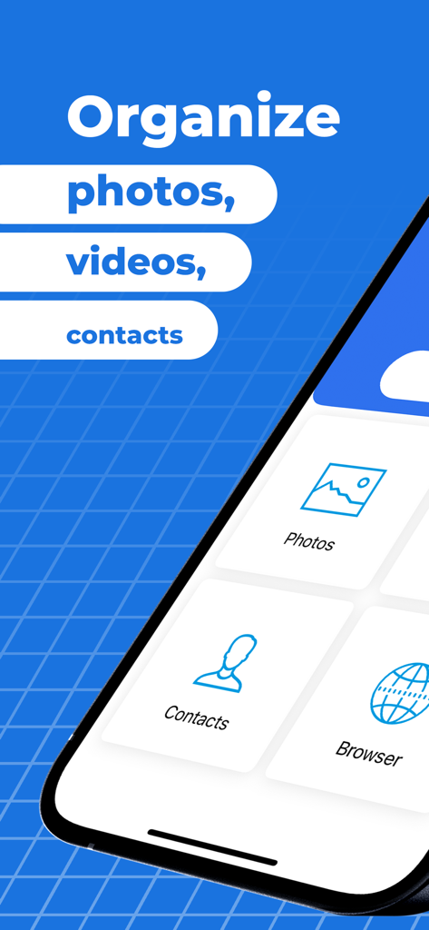 Interface do aplicativo Cleanup AZ para organizar fotos, vídeos e contatos