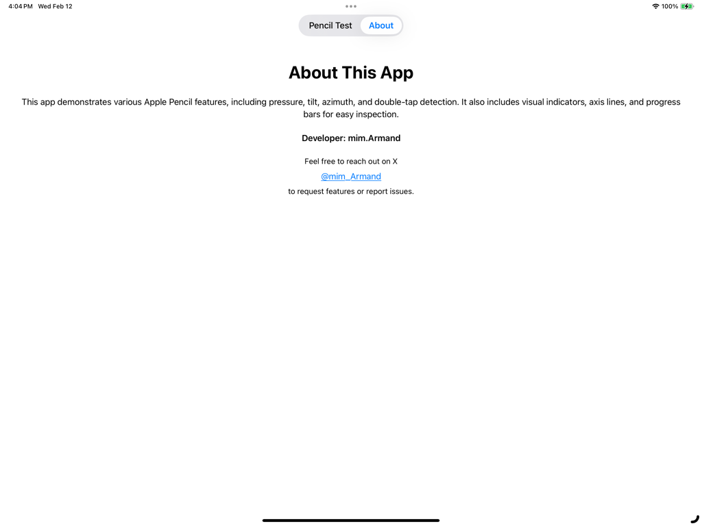 Information screen of the Pencil Test app describing its diagnostic features for Apple Pencil hardware.
