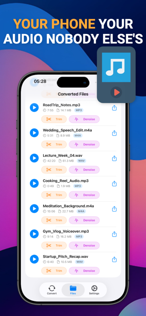 「動画から音声抽出」アプリの変換済みオーディオファイルリスト。トリミング、ノイズ除去、MP3、M4A、WAVなどのファイルの共有オプションが表示されます。