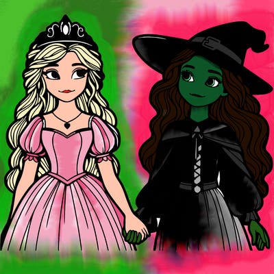 a princess and a witch holding hands realistic