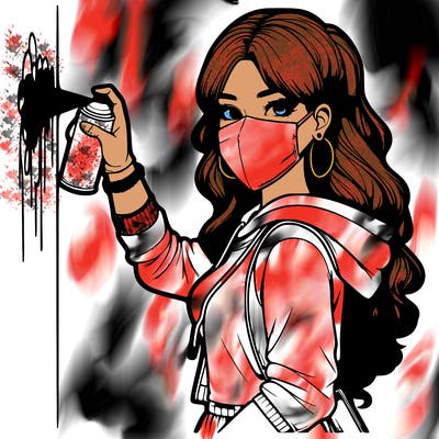 realistic girl with mask spray painting a wall