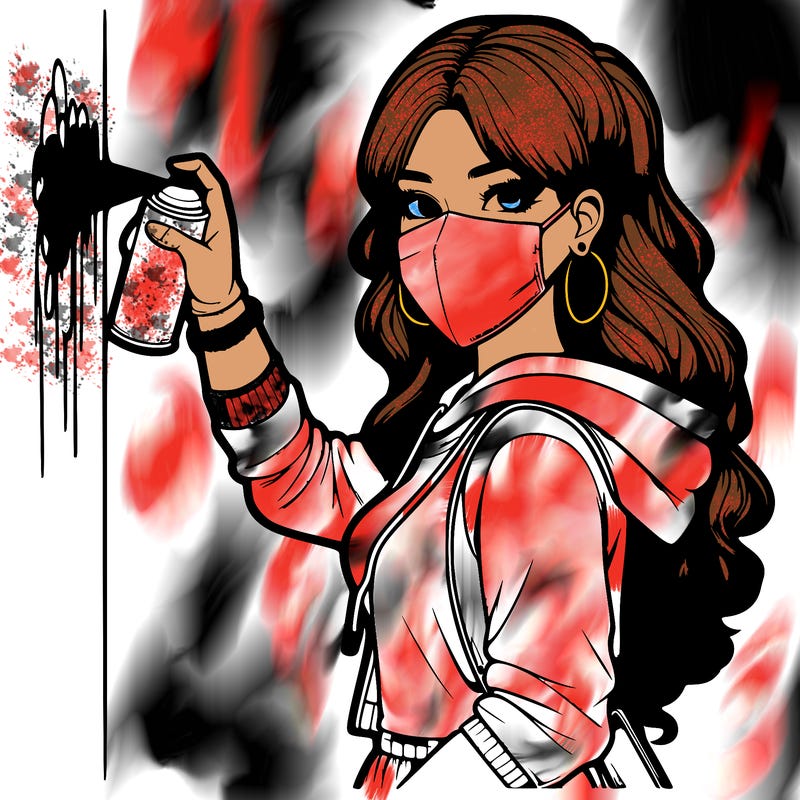 realistic girl with mask spray painting a wall