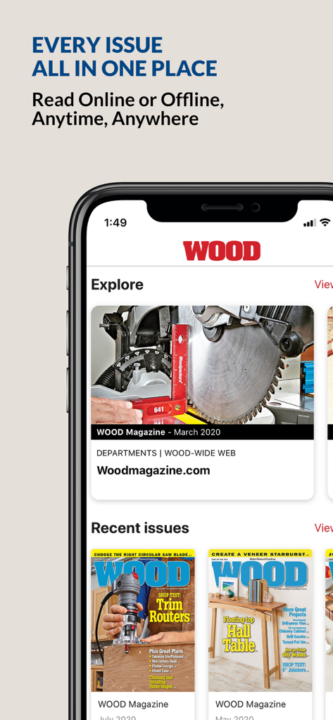 Wood Magazine app interface showing recent digital issues and woodworking projects