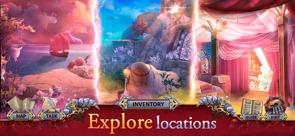 Knight Cats 2: Hidden Objects - A fantasy game scene from Knight Cats 2 showing diverse locations including a coastal view with a red ship and a cozy tent interior.