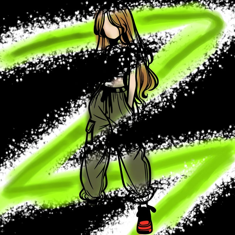 girl in baggy pants crop top and long hair