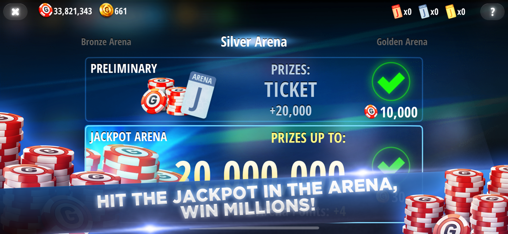 Interfaz de la Arena de Plata de Poker Texas Holdem Live Pro que muestra recompensas de jackpot y fichas de póker