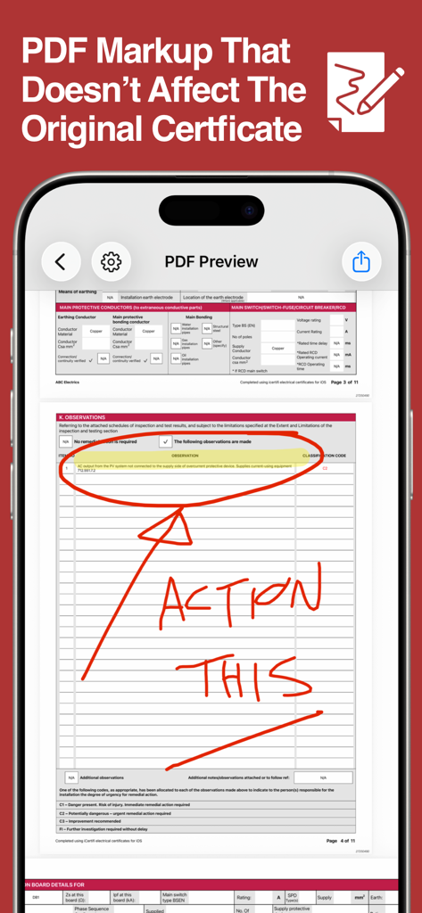 iCertifi - A preview of an electrical certificate in the iCertifi app showing red handwritten markup notes