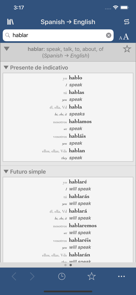 Tabela de conjugação verbal para a palavra espanhola hablar no aplicativo Collins Spanish-English Dictionary.