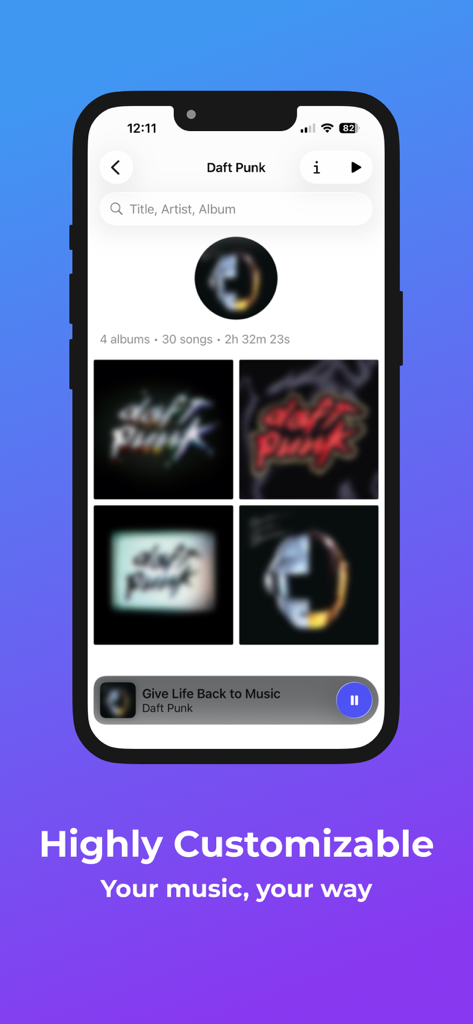 Vista de artista de Amuse Music Player mostrando la colección de álbumes locales en iPhone