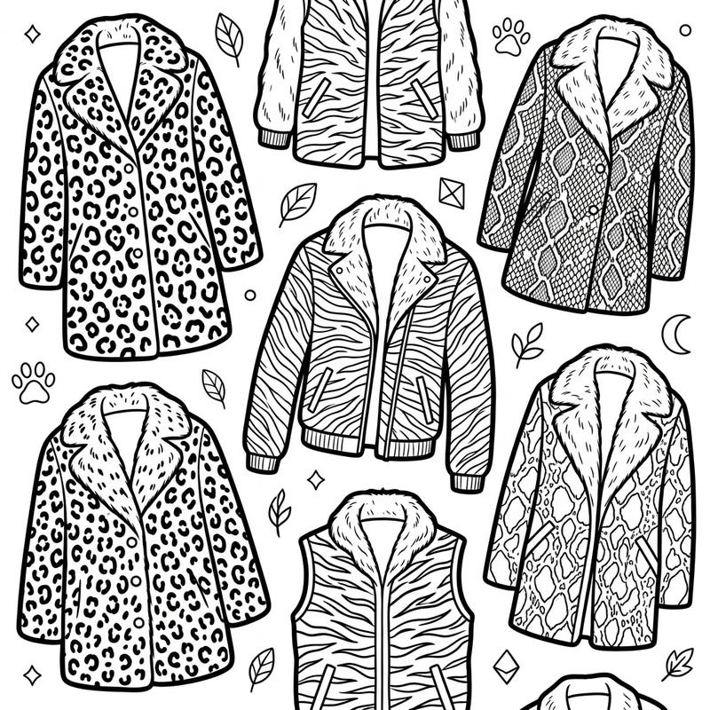 Dive into the fierce world of fashion with this exciting animal print outerwear coloring page. Explore stylish coats, jackets, and vests adorned with popular leopard, zebra, and snake patterns, ready for your creative touch.