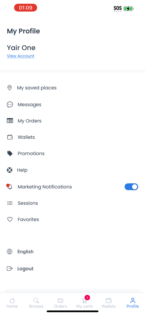 Mushe Market - Pantalla de perfil de usuario de la aplicación Mushe Market mostrando opciones de menú para pedidos, billeteras y configuración de cuenta