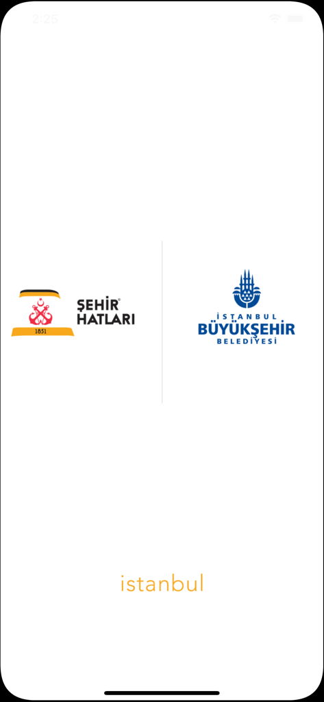 Splash screen of the Sehir Hatlari mobile app showing the official logos of the Istanbul ferry service and the municipality.
