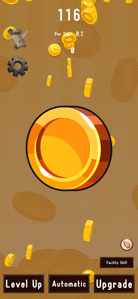 Coin Clicker - Coin Tap Game - Coin Clicker game screen featuring a large gold coin with falling coins and upgrade menu buttons