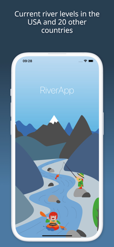RiverApp - River levels - RiverApp splash screen featuring a kayaker and fisherman on a scenic mountain river