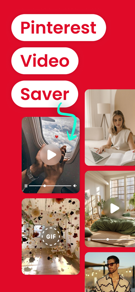PinSaver: Save Pin Video - PinSaver app home screen showcasing aesthetic Pinterest video saving features