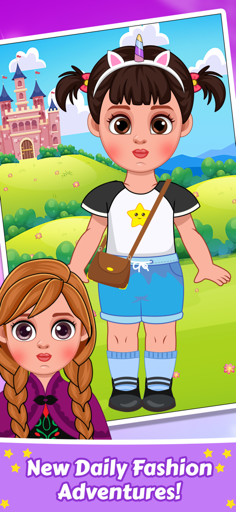 Chibi Doll Dress Up Makeup - Dos muñecas Chibi personalizadas con un atuendo informal de unicornio y un look inspirado en una princesa con fondo de castillo.