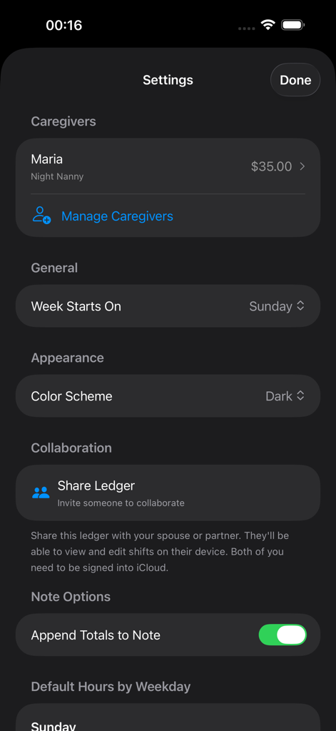 Nanny Ledger - Settings screen for the Nanny Ledger app displaying caregiver management and collaboration options