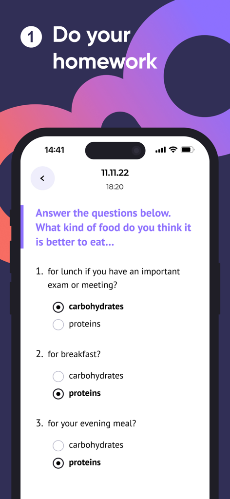 Englex: English Online - Screenshot of the Englex app showing an English homework interface with a multiple choice quiz about nutrition.