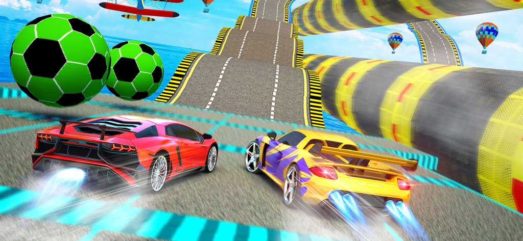 Drift Race Car Driving Games - High speed supercar racing on elevated mega ramps with sky background and stunt obstacles