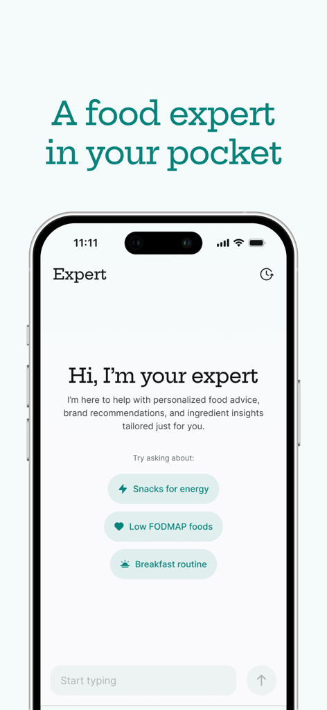 Nori - Scan your food - Interface of the Nori app AI food expert chat offering personalized nutrition advice and ingredient insights.