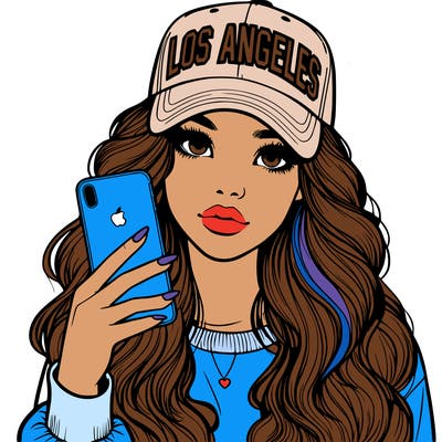 realistic beautiful girl wearing los ángeles cap holding an iphone