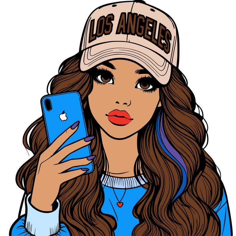 realistic beautiful girl wearing los ángeles cap holding an iphone