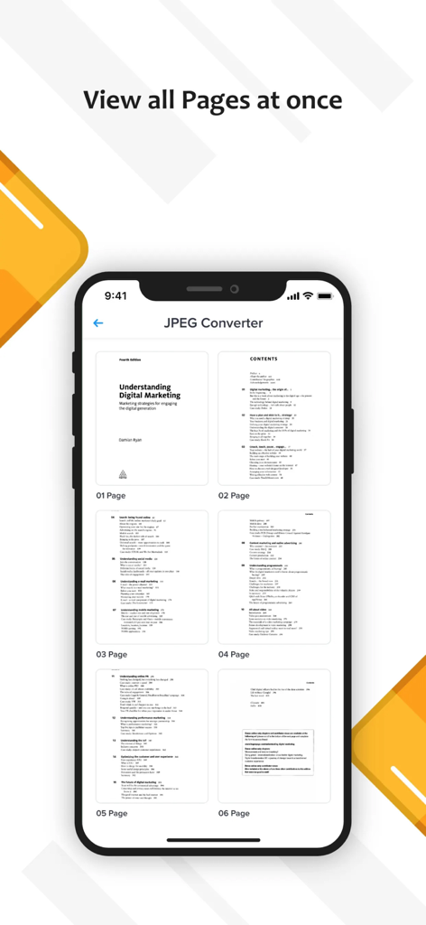 PDF to JPG or PNG Converter - Interfaz de una aplicación móvil que muestra una cuadrícula de páginas de un documento PDF listas para convertir a formato JPG