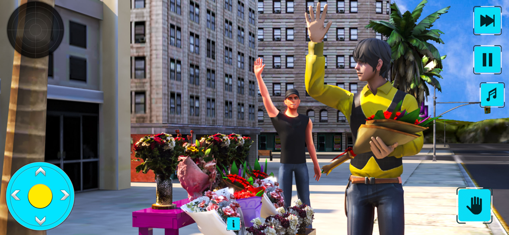 Real Life: My Love Story Games - A young man holding a bouquet of flowers and waving in a city street scene from the game Real Life My Love Story