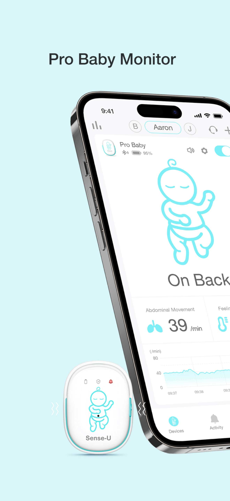 Sense-U Baby - Smartphone showing Sense-U Baby app interface and the wearable monitor device.