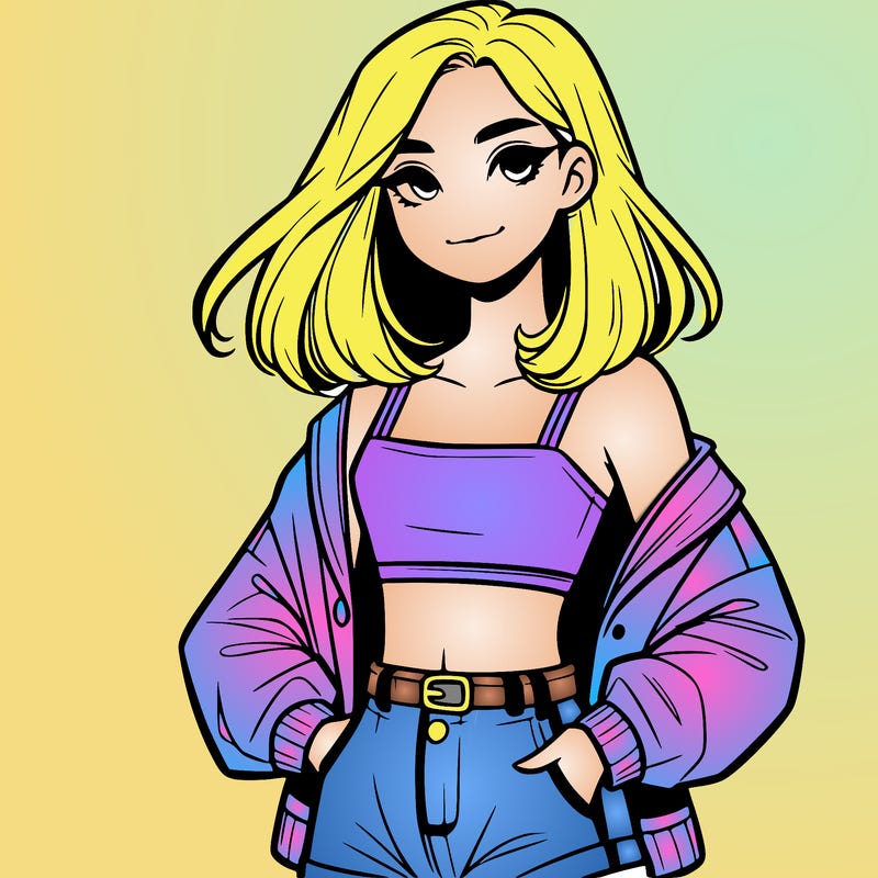 a realistic girl with a crop top and short shorts in an open jacket