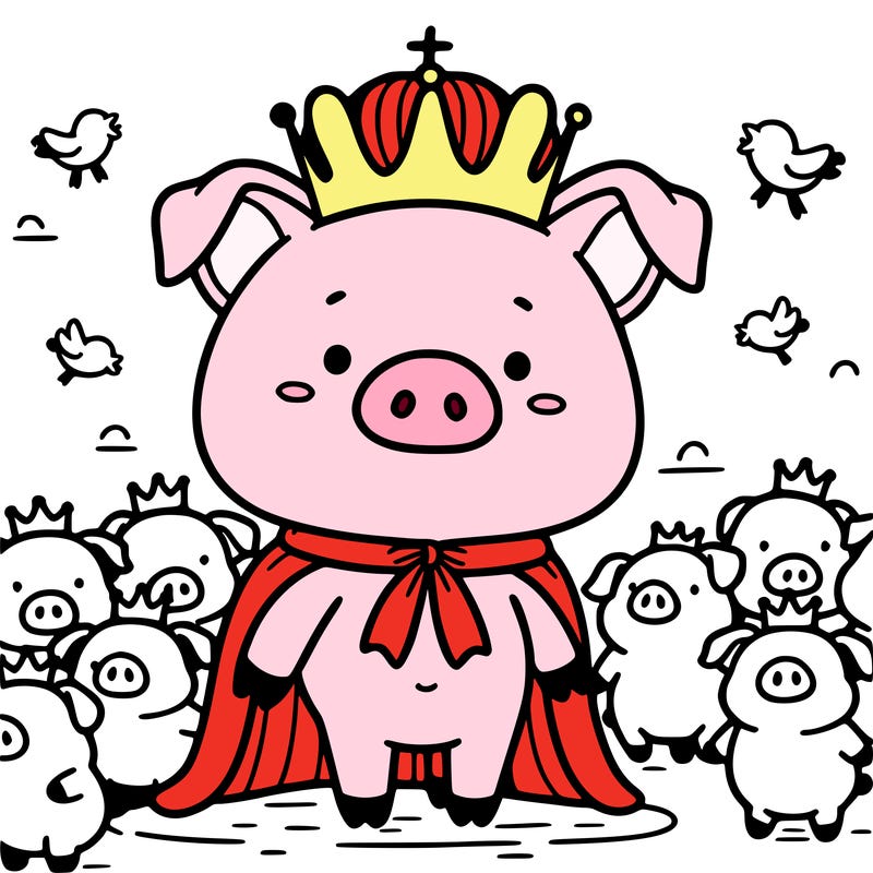 pig with a crown, and small pigs gathering around him