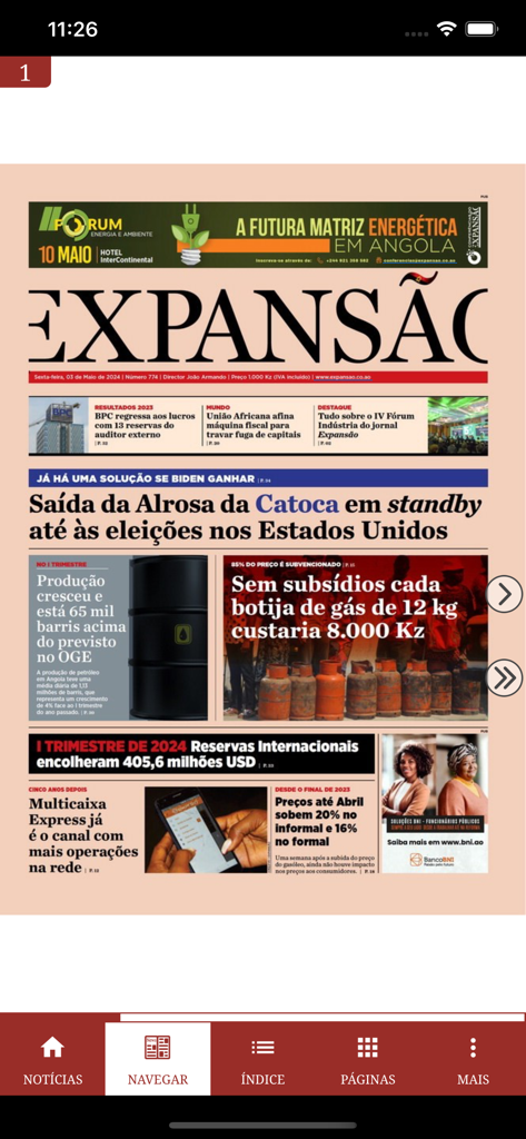 Portada del periódico económico Expansao en la aplicación móvil Quiosque Nova Vaga