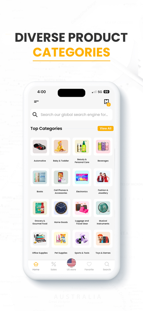 Ubuy: International Shopping - Interface de l'application mobile Ubuy affichant diverses catégories de produits, y compris l'électronique, la mode et les articles pour la maison