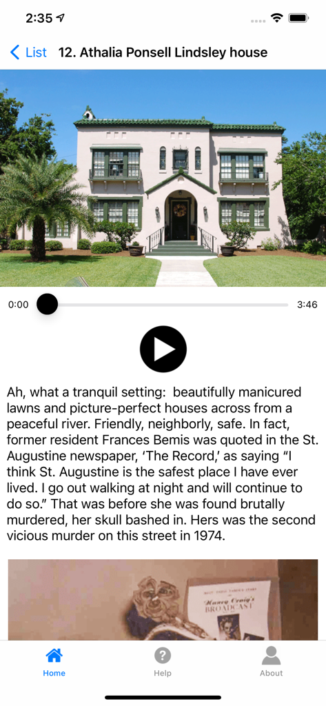 Mobile app interface showing a narrated ghost tour stop at the Athalia Ponsell Lindsley house with historical text and audio player
