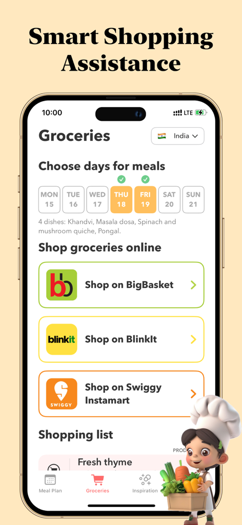 Plat – AI Meal Planner - L'interfaccia dell'app Plat AI meal planner che mostra la funzione di assistenza per la spesa intelligente con opzioni per la spesa online.
