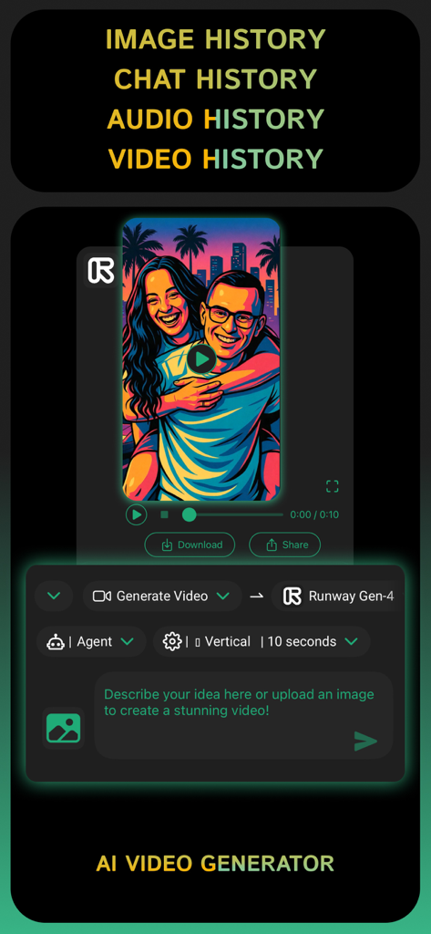 Clever AI Hub - Pro AI Agents - Interface of Clever AI Hub showing the AI video generator feature with history options and video creation tools