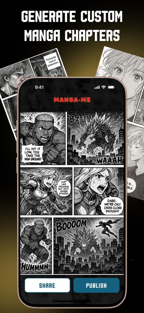 Turn Life into Manga: MangaMe - A mobile phone screen displaying the MangaMe app interface with custom AI-generated manga panels featuring action scenes and dialogue bubbles