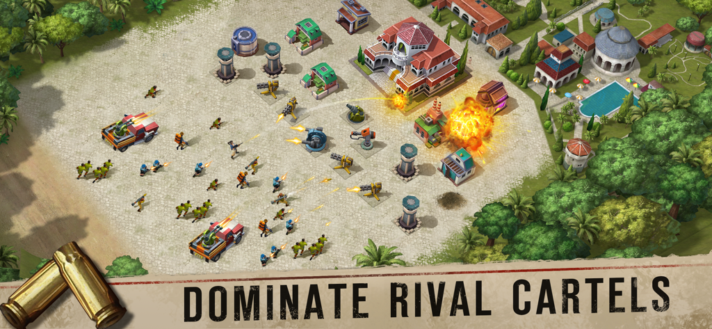 A strategy game screen showing a base attack with explosions and the text Dominate Rival Cartels