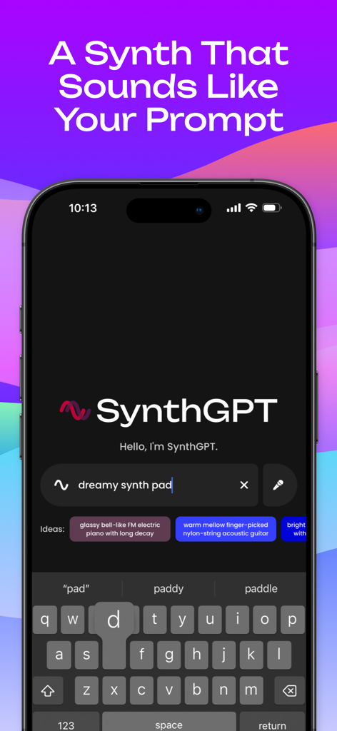 SynthGPT mobile app interface showing a text prompt used to generate a dreamy synth pad sound