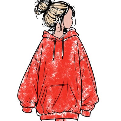 realistic girl with a oversized sweatshirt on and a bun