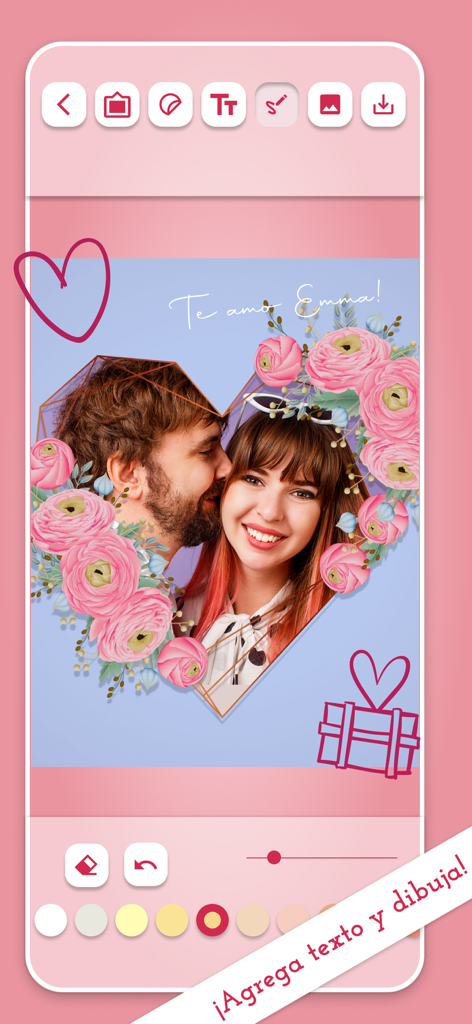Love photo frames to edit - Romantic photo editor app interface showing a couple in a heart frame with pink roses and custom text